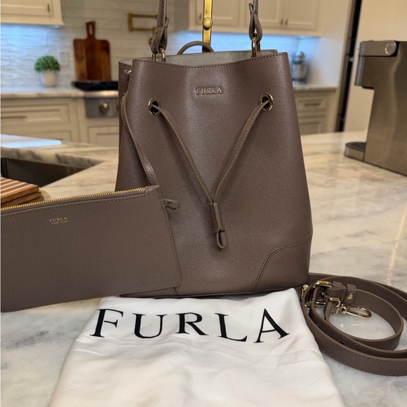 Furla Handbags - Furla Taupe Leather Bucket Bag NWOT